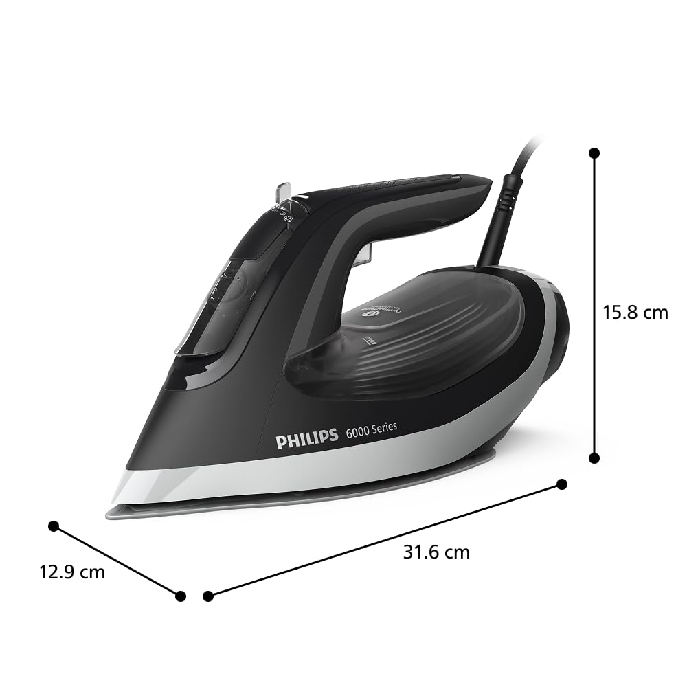 Philips Fer à repasser Série 6000 – Technologie OptimalTEMP, 0 réglage, 0 brûlure. Effet pressing 190g, Débit vapeur 45g, Semelle SteamGlide Plus, Système anti-goutte, Arrêt automatique (DST6120/80)