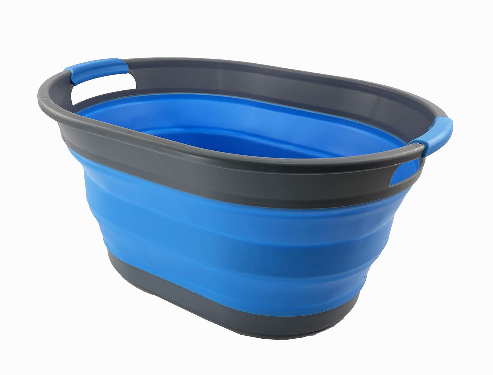 SAMMART Cesto portabiancheria ovale in plastica, 28 l, pieghevole, contenitore pop-up, portatile, salvaspazio (grigio/blu)