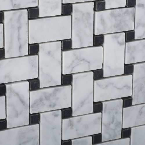 Bianco Carrara White Marble Honed Basketweave Mosaic Tile With Black Dots - 6" X 6" Sample #TOP2