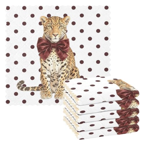 Leopard Bow Polka Dots Brown Dish Cloth 6 Pack 11x11 Inch Cleaning Wipes