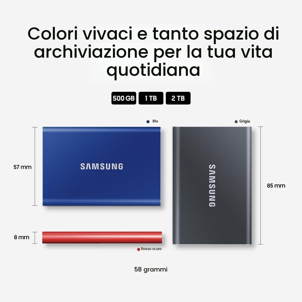 Samsung T7 SSD Esterno Portatile 1 TB USB 3.2 Gen 2 10 Gbps Tipo-C Grigio Titanio
