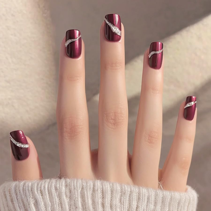 Nakhi 24 Reusable Artificial Fake Nail Set | Base Dark Wine colour with Silver Border Design Glossy Nails | Lightweight & Long Lasting | Quick Fix For Festivals & Special Occasions-image-25