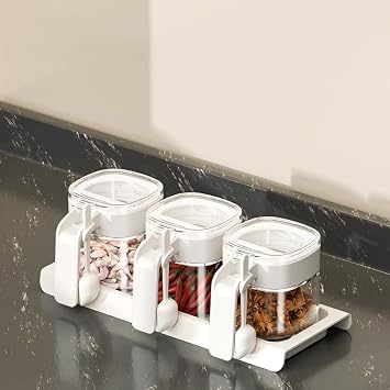 Condiment Jar Spice Container with PP Lids & Spoons,Clear Glass Condiment Canisters Pots Seasoning Box Salt Container Sugar Bowl Set of 3 for Kitchen, Counter, Food Storage