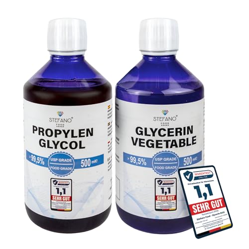 STEFANO FOOD Glycerin (VG) 99 7% + Propylenglycol (PG) 99 8% - 2x500ml flüssig [Set] - 100% Pflanzenbasiert - USP & Lebensmittelqualität - E422+E1520 - Flasche versiegelt mit Sicherheitsverschluß