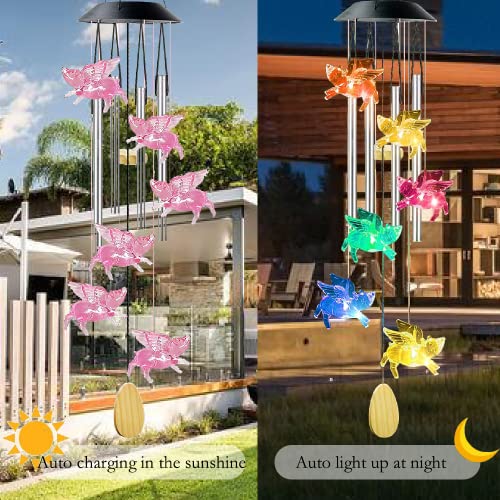 Fly Pigs Solar Wind Chimes With 4 Music Aluminum Tubes, 7 Colors Changing Waterproof Fly Pigs Led Memorial Wind Bell Lights For Outside Garden Decor, Birthday Gifts For Piggy Lover,Gifts For Mom Women #TOP1