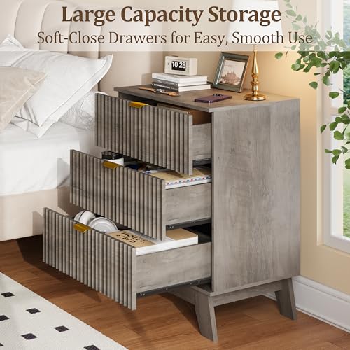 Image of Fluted Nightstand with 3 Large Drawers, Wooden Side End Table with Elevated Legs for Easy Cleaning, Sturdy Modern Beside Table for Small Space, Bedroom, Grey, 24 inch L
