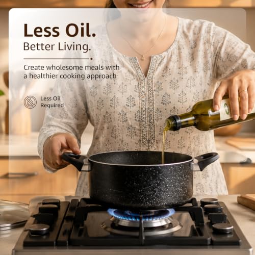 Image of Amazon Basics Granite Nonstick Cookware Set 4 Pieces | 16 cm Saucepan 1.5 L, 24 cm Fry Pan 1.6 L, 24 cm Casserole 4.7 L, 28 cm Wok 3.5 L with Lids | Aluminium Body | Gas & Induction Compatible