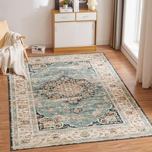 CHOSHOME Waschbarer Kurzflor Teppich Wohnzimmer - 300x400CM Vintage Blau | Fußbodenheizung Geeignet, Rutschfeste Boho Groß Teppiche Für Esszimmer Schlafzimmer Büro, Weich Maschinen