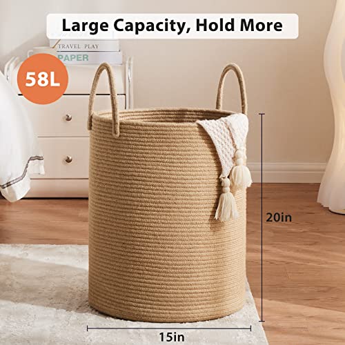 Jute Rope Laundry Hamper Basket, 58L Tall Laundry Basket for Blanket Storage, Large Baby Nursery Hamper for Laundry, Woven Clothes Hamper for Bedroom, Living Room - Image 3