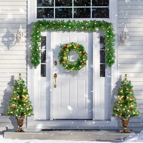 image for BRINJOY Pre-lit Holiday Christmas 4-Piece Set with LED Lights, Christm