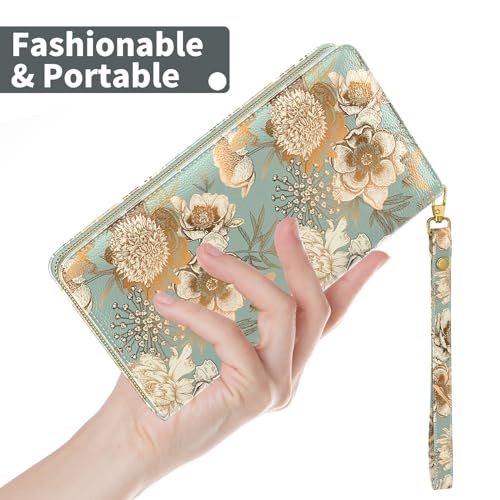 Image of Nipichsha Womens Wallet, RFID Wristlet Wallet for Women, Cute Ladies Purse, Large Credit Card Clutch Purse, Leather Card Holder Wallets with Zipper & Phone Holder, Blooming Flowers