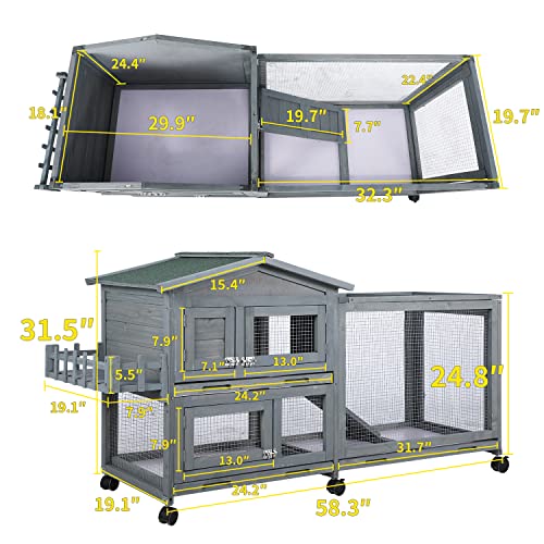 58 Inch Rabbit Hutch Rabbit Cage Outdoor Indoor Bunny Cage On Wheels With 3 Deeper No Leak Tray With Run For Small Animals Guinea Pig Hedgehog Rabbit House, 5 Entry Door, 3 Separate Space(1 Pack) #TOP3