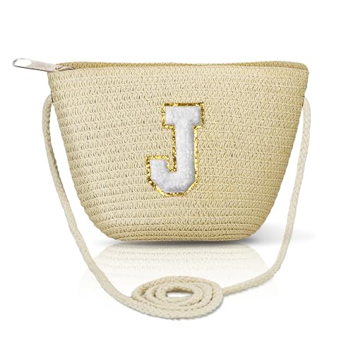 Bolsa transversal de palha para mulheres bolsas de verão iniciais feitas à mão bolsa de praia tecida para viagens férias presentes de aniversário personalizados, Amarelo-grande-j