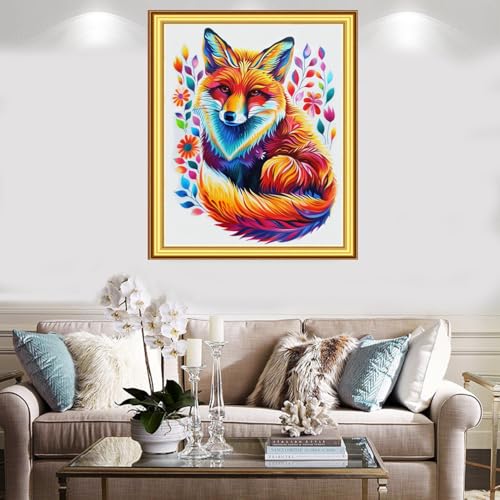 Image of Foxnyart Stamped Cross Stitch Kits Full Range of Embroidery Needlework Starter Kits for Beginners Adults 11CT Embroidery Patterns Art Crafts DIY Needlepoint Kit- Colorful Fox Flower 16x20 inch