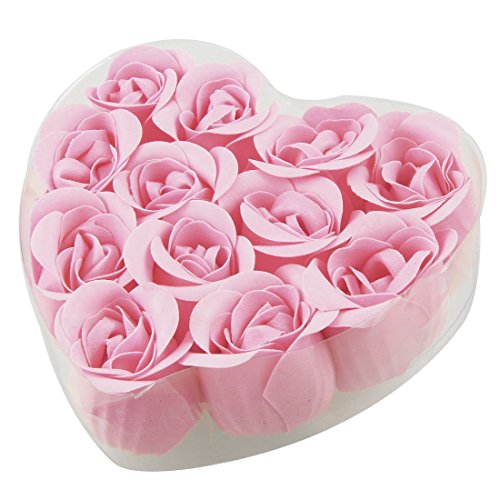 uxcell 12 Pcs Bathing Fuchsia Rose Bud Flower Petal Soap + Heart Shape Box