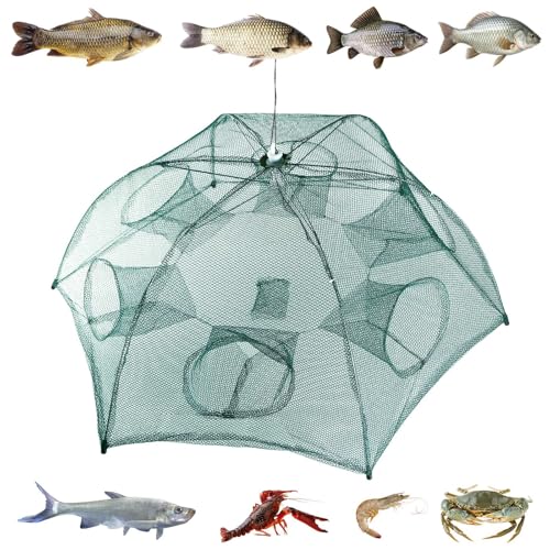 Zorpupoa Fishing Trap Net, 33 Inches Portable Folded Fishing Bait Trap, Foldable Bait Net, 6 Sides 6 Holes Cast Mesh Trap Automatic for Fish/Crab/Shrimp/Crawdad