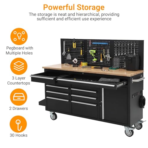Garvee Rolling Tool Chest, 61 in Garage 10 Drawers Workbench Storage Tool Cabinet with Solid Rubber Wood Top, Power Strip, 1675 LBS Load Mobile Workstation, Heavy Duty Rolling Cabinet, Black by Garvee - Image 3