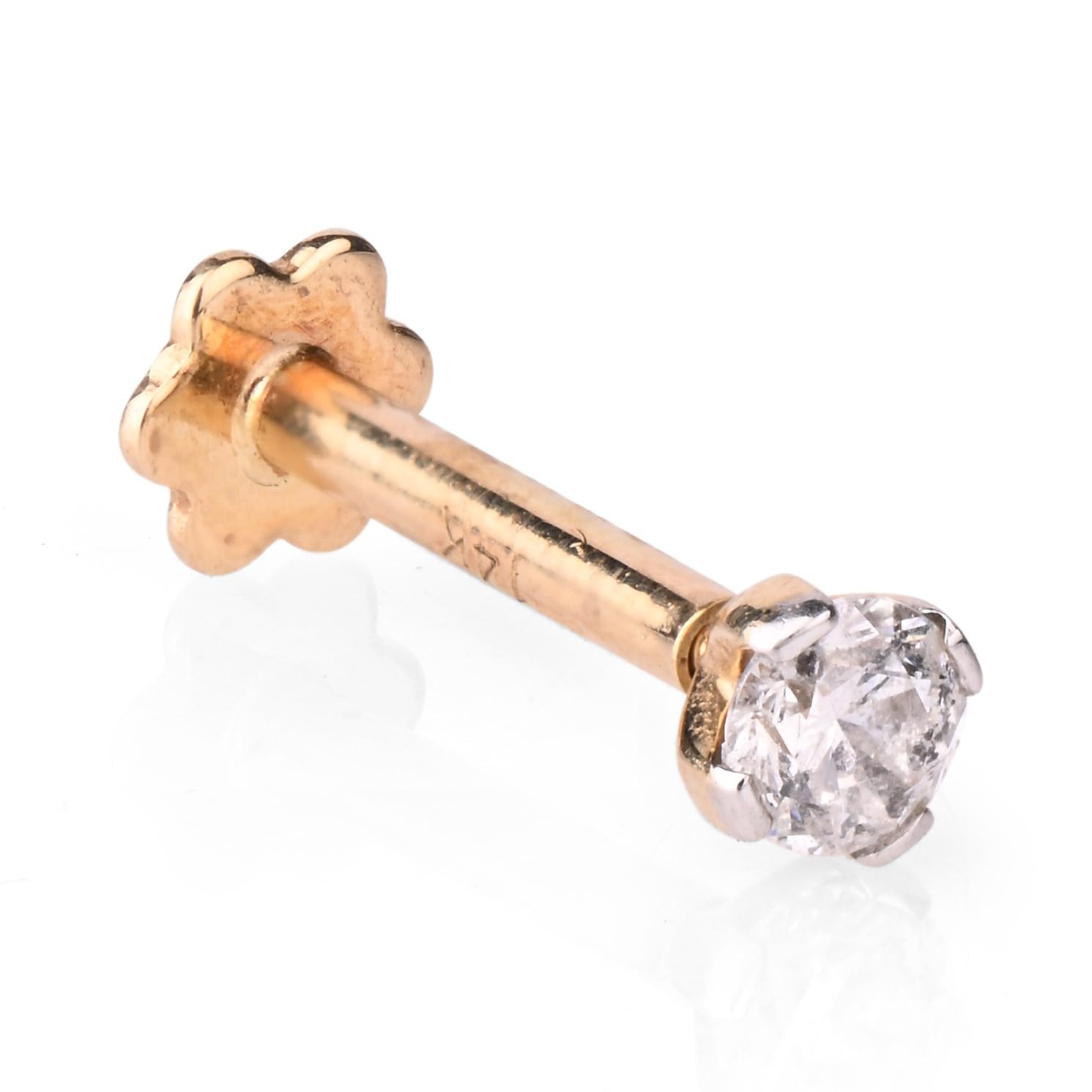 1/10 ct リアルダイヤモンド ノーズスタッド 14K イエローゴールド ノーズリング 内部スレッド 8mm スクリューバック HIカラー, ダイヤモンド イエローゴールド, ダイヤモンド