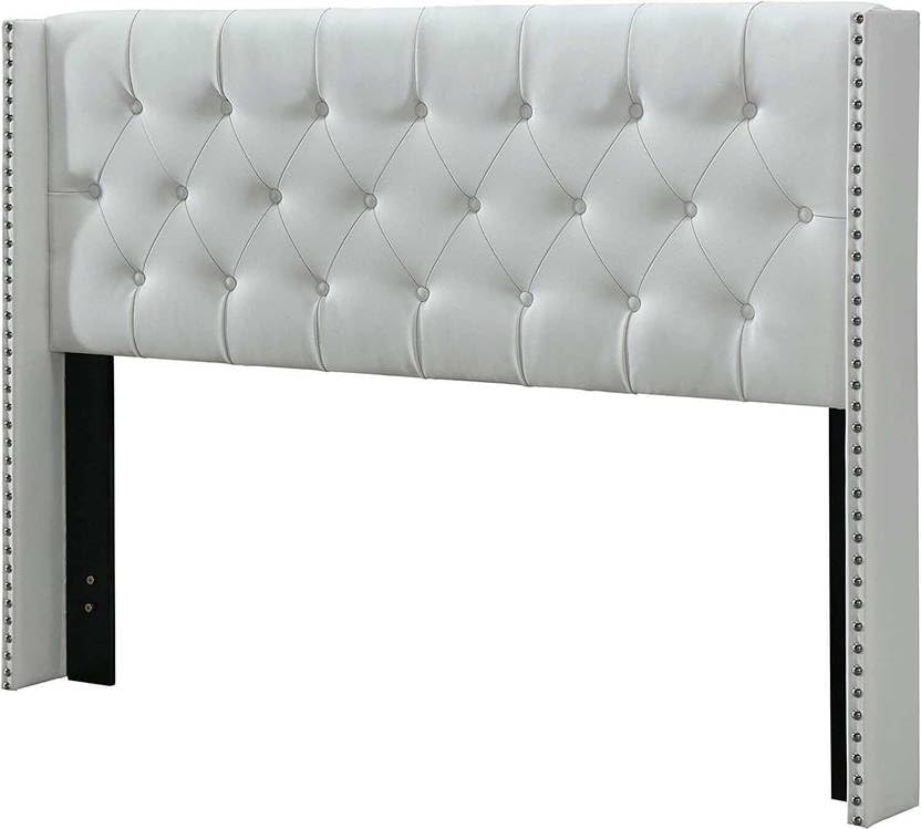 Image of Custom Decor Fabric Upholstered King Size Bed with Button Tufted Headboard for Bedroom || Solid Wood Bed | (White Cassius, King (U.K. Standard))