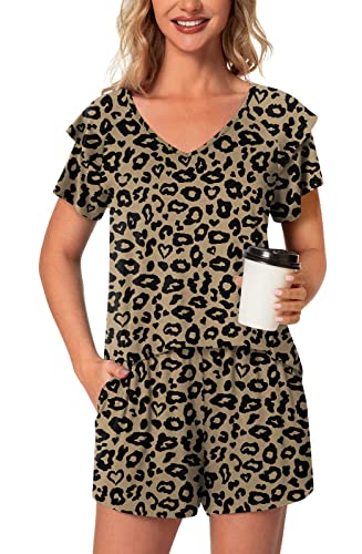 Aodemo Womens Summer Pajama Sets Ruffle Sleeve Sleepwear Ladies Nightwear Pjs Lounge With Pockets Xl, Leopard Khaki #TOP1
