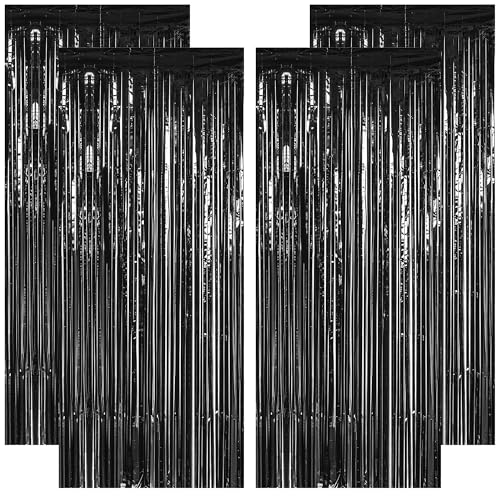 Image of ZATAYE 4 Pack Black Halloween Foil Curtain Streamer Decorations | Black, Metallic Foil, 3.28 x 7.05 FT, Tinsel Backdrop, Foil Curtain Streamer, Halloween New Years Eve Party