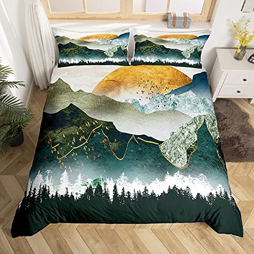 Loussiesd Japanese Style Ukiyoe Bedding Set Mountains Forest Print Duvet Cover Girls Teens Japanese Sunset Exotic Style Bedclothes King for Teens Women Adults with 2 Pillowcase - Image 3