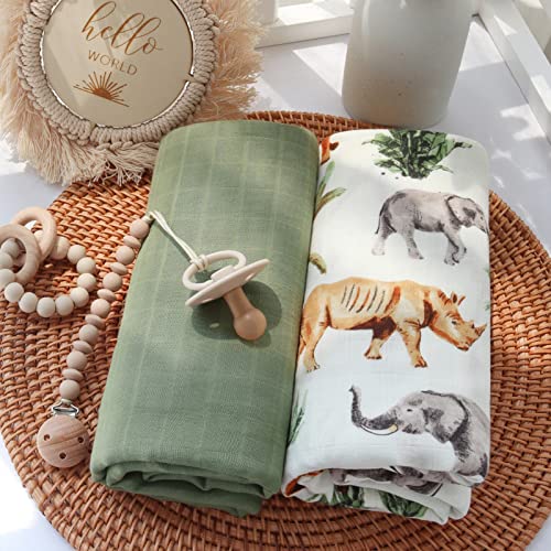 Image of LifeTree Muslin Swaddle Blankets, Woodland Baby Swaddling Receiving Blanket for Boys & Girls, 70% Viscose from Bamboo and 30% Cotton, Large 47 x 47 inches Safari Jungle /Olive Green