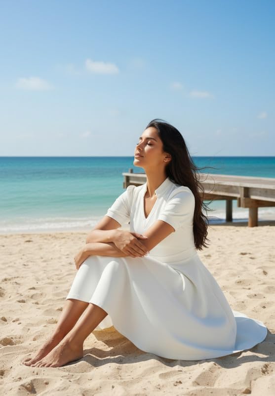 Womens Casual Summer Dresses Short Puff Sleeve V Neck A Line Wedding Guest Midi Dresses with Pockets - Image 3