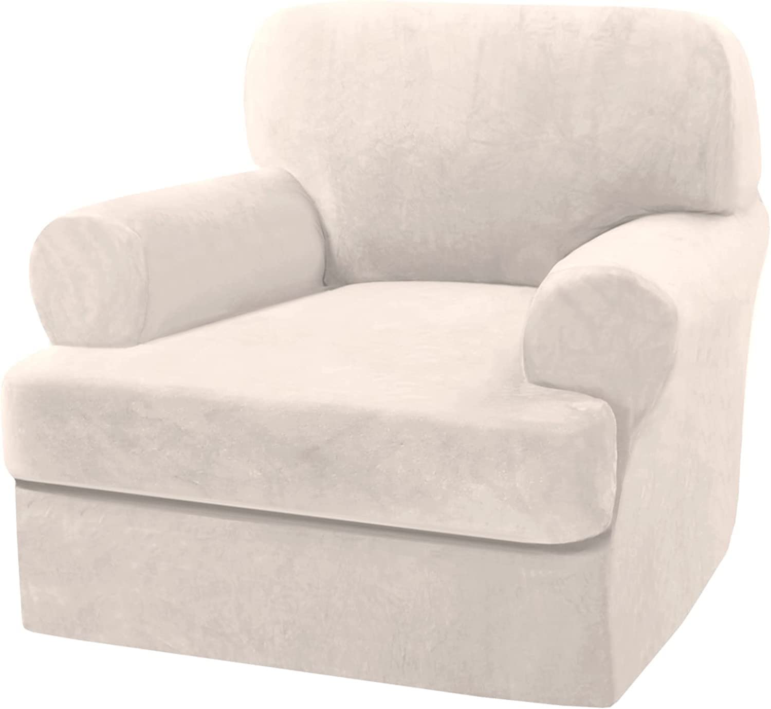 LINGKY Velvet Sofa Covers with Separate T Cushion Covers Ultra Soft Plush Sofa Slipcover No-Pilling Washable Furniture Protector with Elastic Bottom (Ivory,1 Cushion Armchair)