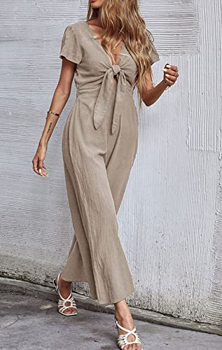 Loveimgs Women's Short Sleeve Cotton Linen Wide Leg Jumpsuit Tie Knot Cropped Palazzo Pants Romper (Small,Khaki) #TOP4