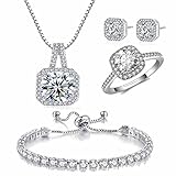 kai bao city 4pcs Set Zirconia Pendant Necklace Earrings Ring Bangle Set Silver Crystal Fashion Adjustable Zircon Jewelry for Women Wife Party Prom Engagement Wedding Gifts