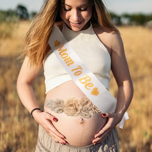 Image of Baby Shower Maternity Sash Belly Belt-Pink Flower Sash Set Mom to Be & Dad to Be Corsage Pins for Gender Reveal