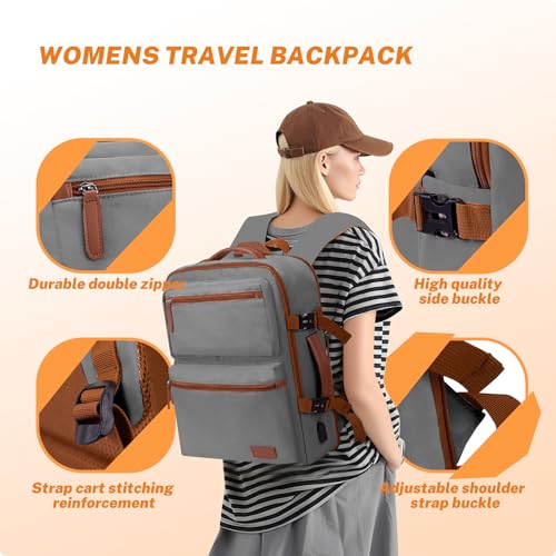 Expandable Travel Backpack Women Men with USB Charging Port, 15.6 Inch Laptop Backpack Waterproof Carry on Flight Approved for Travel Work Hiking College, Grey4