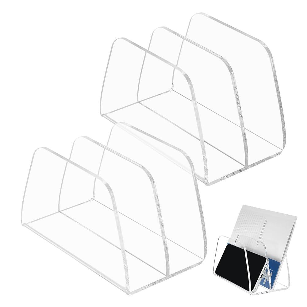 GOMAKERER 2 Pcs Acrylic Mail Organizer, 2 Compartments Desktop Organizer Holder Clear Small File Script Letter Office Document Storage for Desktop Bill Document Notebook