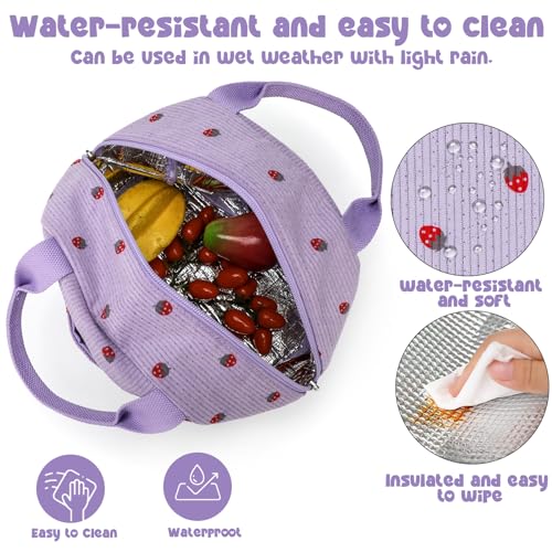 Bluboon Lunch Bag for Women Men Cute Corduroy Lunch Tote Bags Reusable Insulated Lunch Box Large Capacity Reusable Insulated Cooler for Work Picnic or Travel (Corduroy strawberry purple) - Thumbnail 6