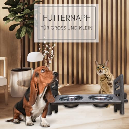 Personalisierte Futterstation in Grau | Erhöhter Futternapf für Hund und Katze | Fressnapf höhenverstellbar | Hundenapf erhöht | Katzennapf | Futterbar aus Holz
