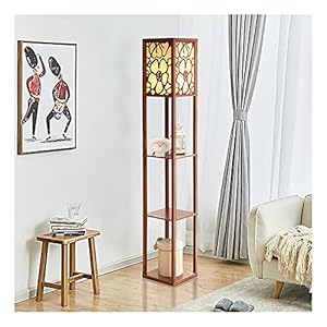 Indoor Vloerlamp met planken – plank LED-vloerlampen door echt massief hout met stof lampenkap voor woonkamer…