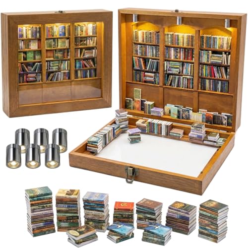 Anxiety Bookshelf with 6 Decorative Mini Lights and 400 Mini Book Pieces Miniature Bookshelf Book Organizer for Office Desk Library Decor for Tiny Home and Bookish Spaces 10.2 x 9.1 x 3.1 in