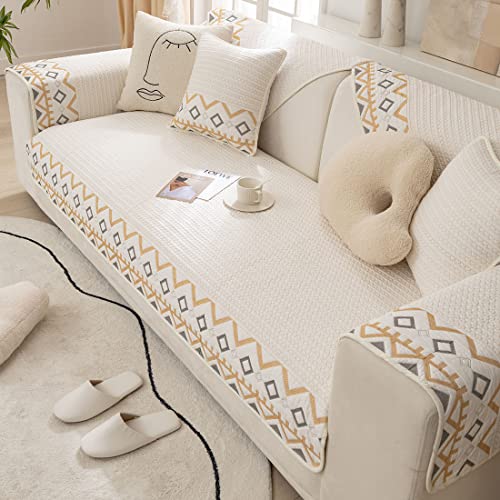 Xslive Farmhouse Embroidery Couch Sofa Cover Geometric Pattern Cotton Quilted Sectional Couch Cover Anti-Slip Soft Furniture Protector Sofa Slipcover For Living Room (Ivory,28"X28") #TOP3