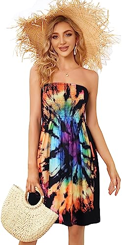Image of Summer Dresses for Women Strapless Sundress Floral Print Beach Cover Ups