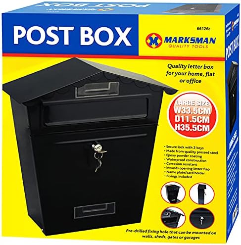 MARKSMAN LARGE POST BOX Mail Classic Letter Holder Steel Lockable Weatherproof Heavy Duty Outdoor Wall Mounted For Home, Flat Or Office + 2 Keys RED, GREY, BLACK UK FREE P&P (Black)
