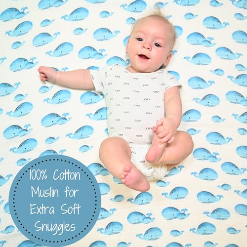 Image of LollyBanks Muslin Swaddle Blanket, 100% Muslin Cotton Swaddles for Baby Boys Breathable and Lightweight, 47 X 47 Inches Newborn Receiving Blanket for Boys, Baby Essential, Registry (Whale Print)