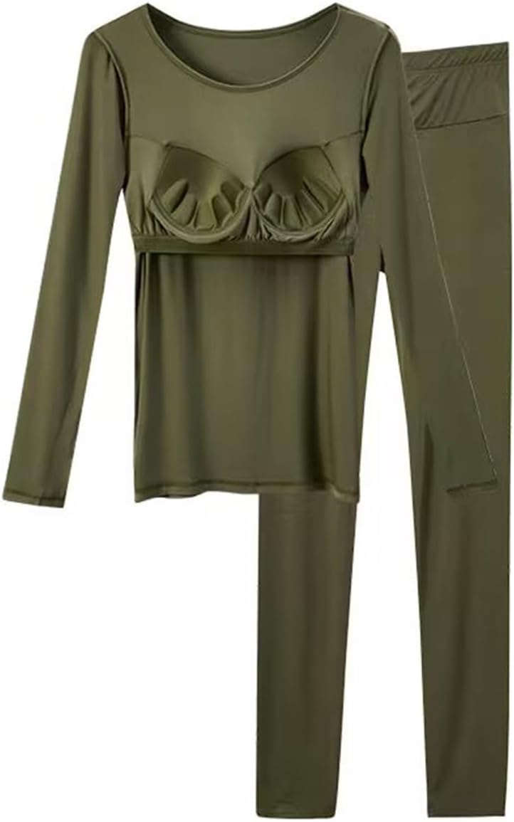 Women's Thermal Underwear Suit Winter Warm Pajama Set With Chest Pad Bra Shirts Top Bottom Undershirt Long Base Layer