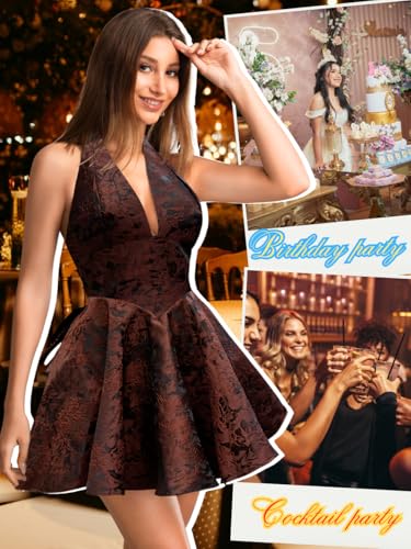 Image of ShawGobow Jacquard Corset Dress,Deep V Halter Mini Dresses with Bow Back,Sexy Birthday Outfits Women Homecoming Prom Formal