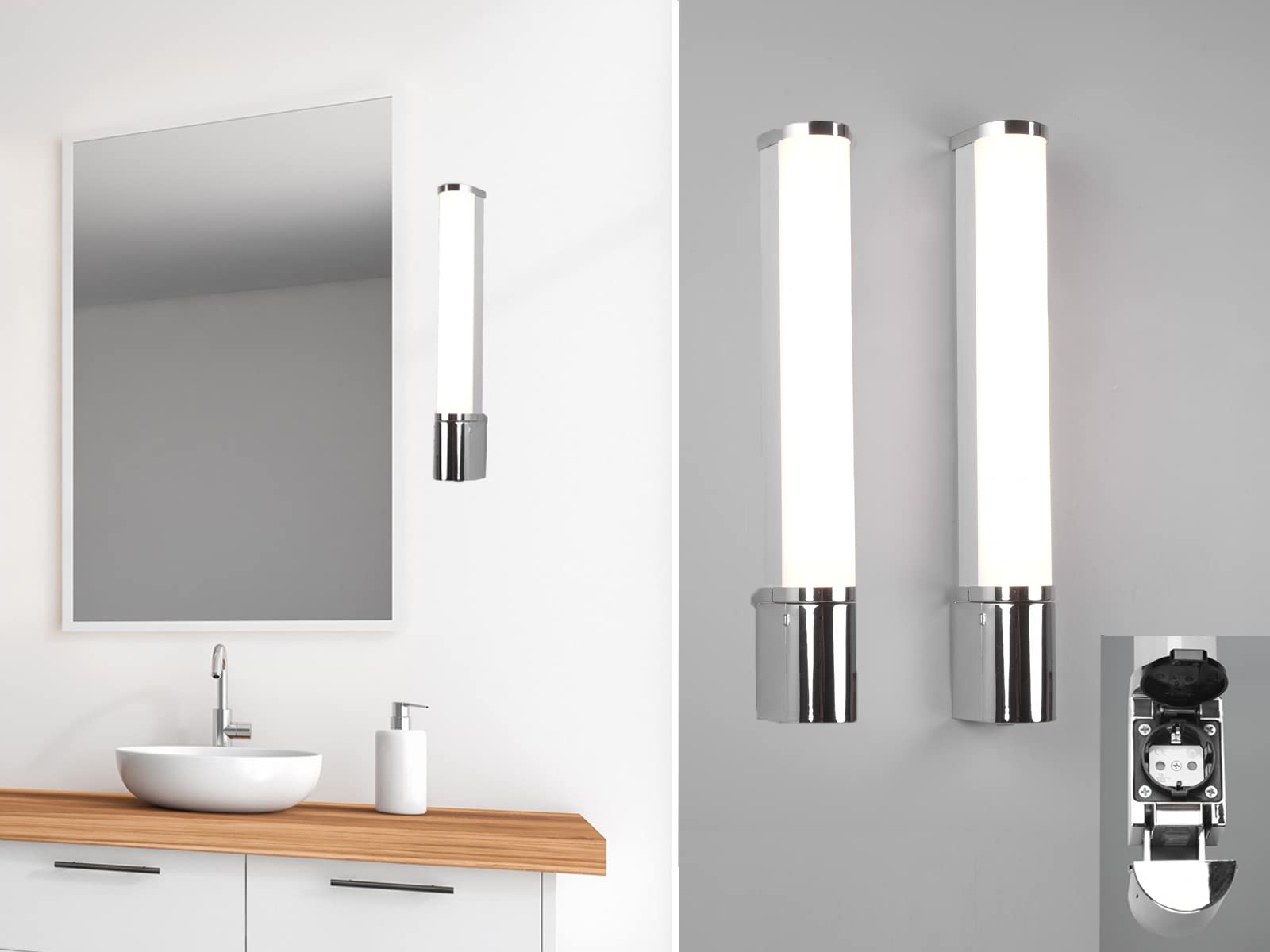 meineWunschleuchte 2er Set Badezimmer Wandleuchten mit Steckdose & Schalter in Silber Chrom, B 41,5cm