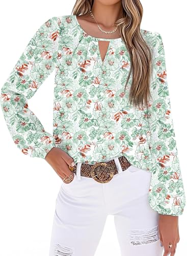 SHEWIN Women Blouses Casual Summer Outfits for Women Lightweight Long Sleeve Shirts V Neck Boho Tops for Women Floral Ladies Tops and Blouses Green Large