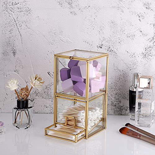 Hipiwe Gold Glass Qtip Holder With Lid 2 Compartments Cotton Balls Swab Organizer Cotton Round Pads Holder Makeup Pad Cosmetic Storage Case Q-Tip Dispenser For Dresser Countertop #TOP7