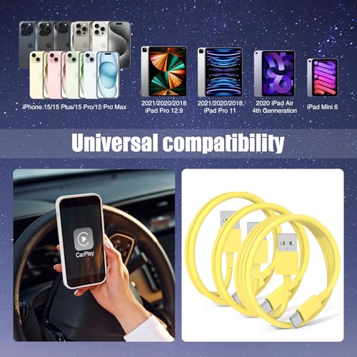Image of 3-Pack Yellow [3.3FT+3.3FT+6FT] USB A to USB C Cable，USB to USB C Car Carplay Cable for iPhone 16 15 Pro Plus Pro Max，for iPad Pro /Air /Mini，for Samsung S24 /S23 /S22 /S21，for MacBook Pro /Air and More