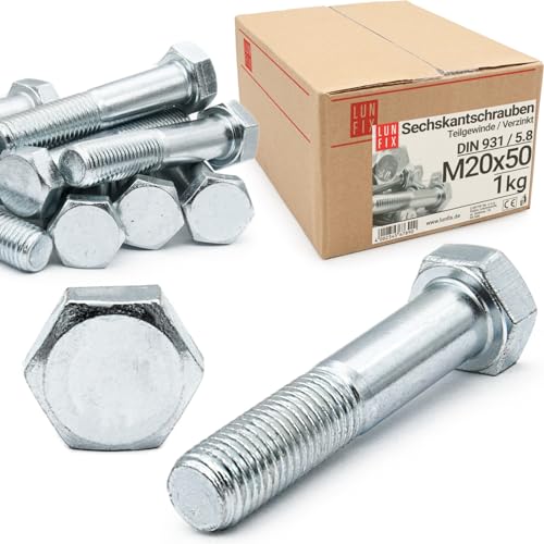 Tornillos cabeza hexagonal m20 x 50 DIN 931 5.8, acero galvanizado rosca parcial, pernos métricos para construcción, maquinaria, automoción y bricolaje, 1 kg (≈ 5 uds.), Lun Fix