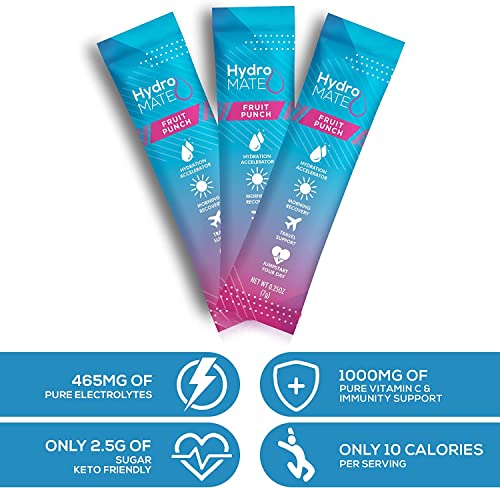 HydroMATE-Electrolytes-Powder-Drink-Mix-Packets-Hydration-Accelerator-Low-Sugar-Hangover-Party-Recovery-Vitamin-C-Fruit-Punch-30-Sticks